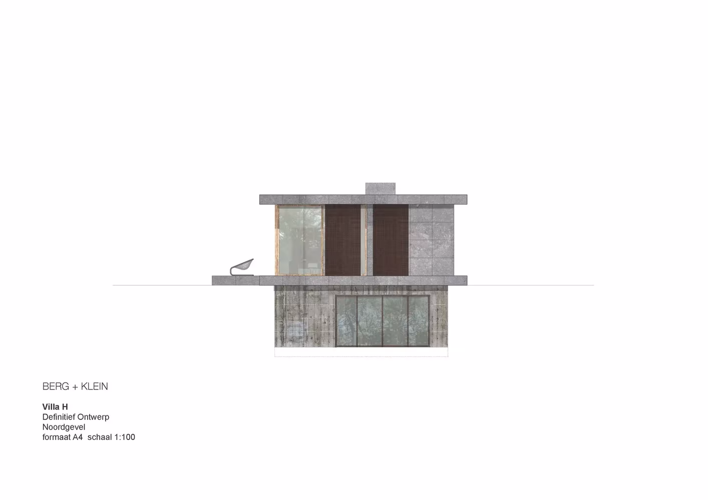Alzado de la Villa H de BERG + KLEIN con volumen de hormigón, contraventanas oscuras y planta baja semienterrada