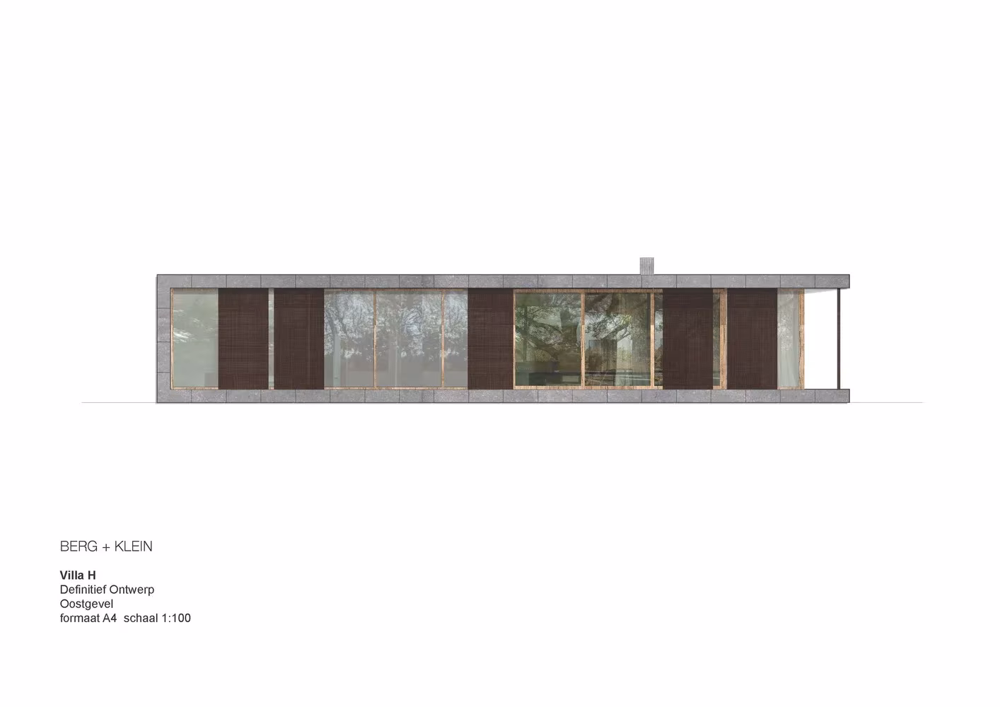 Alzado posterior de la Villa H de BERG + KLEIN con paños de vidrio y contraventanas de madera junto a la costa holandesa