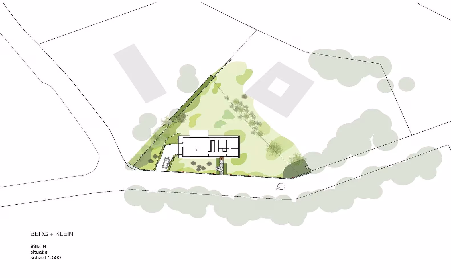 Plano de situación de la Villa H en una parcela triangular junto a la carretera, en Hoek van Holland