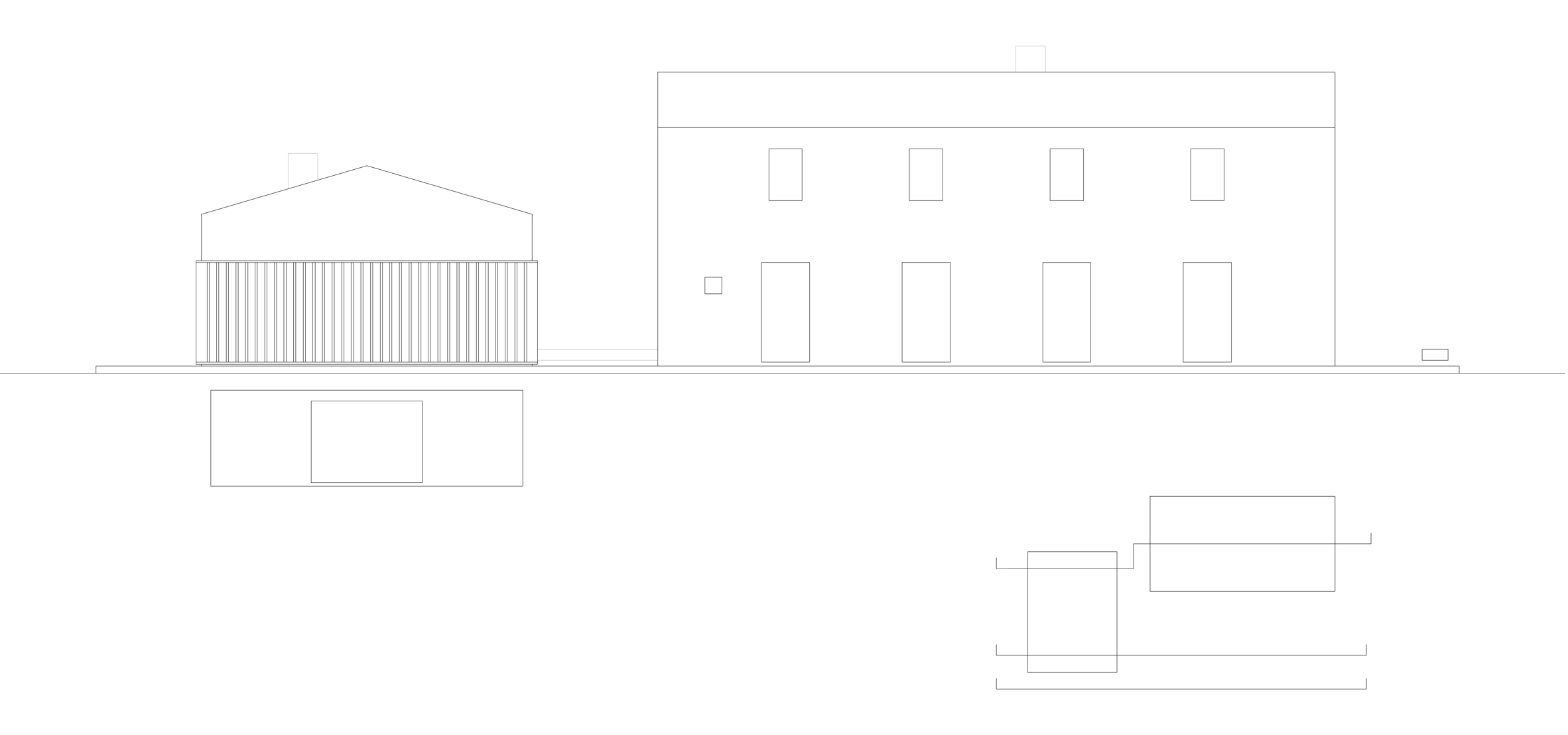 Alzado de la AP House de GGA Architects con el pabellón de celosía junto al edificio de piedra y la piscina