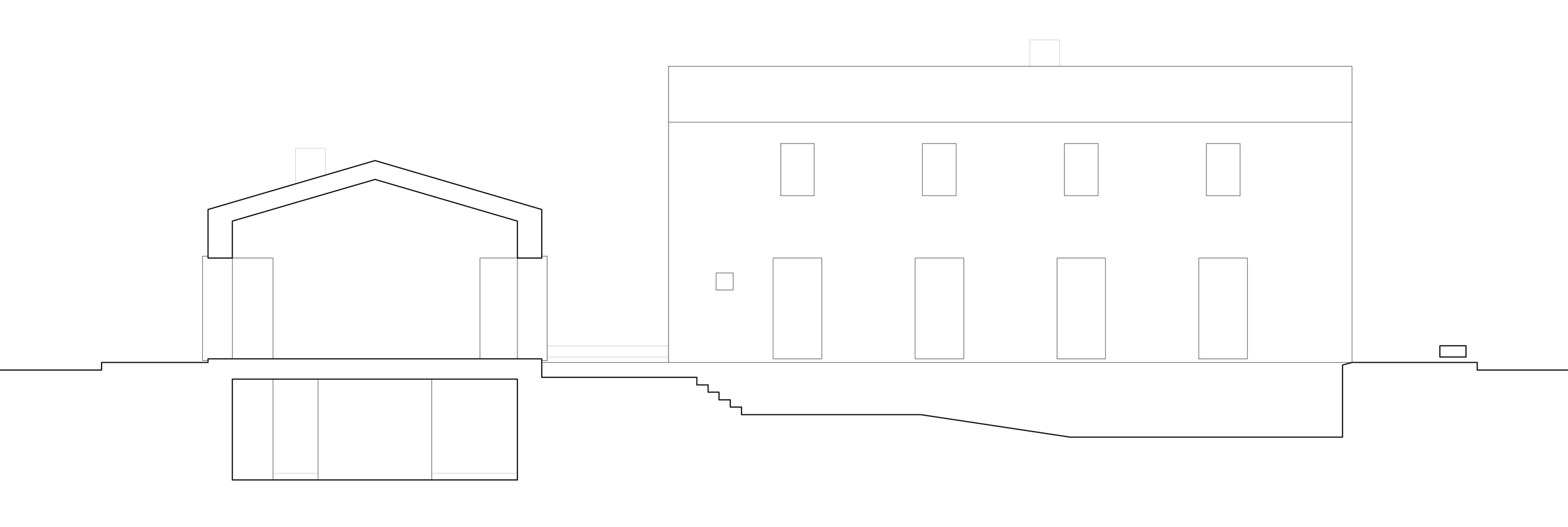 Sección de la AP House con el pabellón de cubierta a dos aguas y el cuerpo principal de piedra, GGA Architects