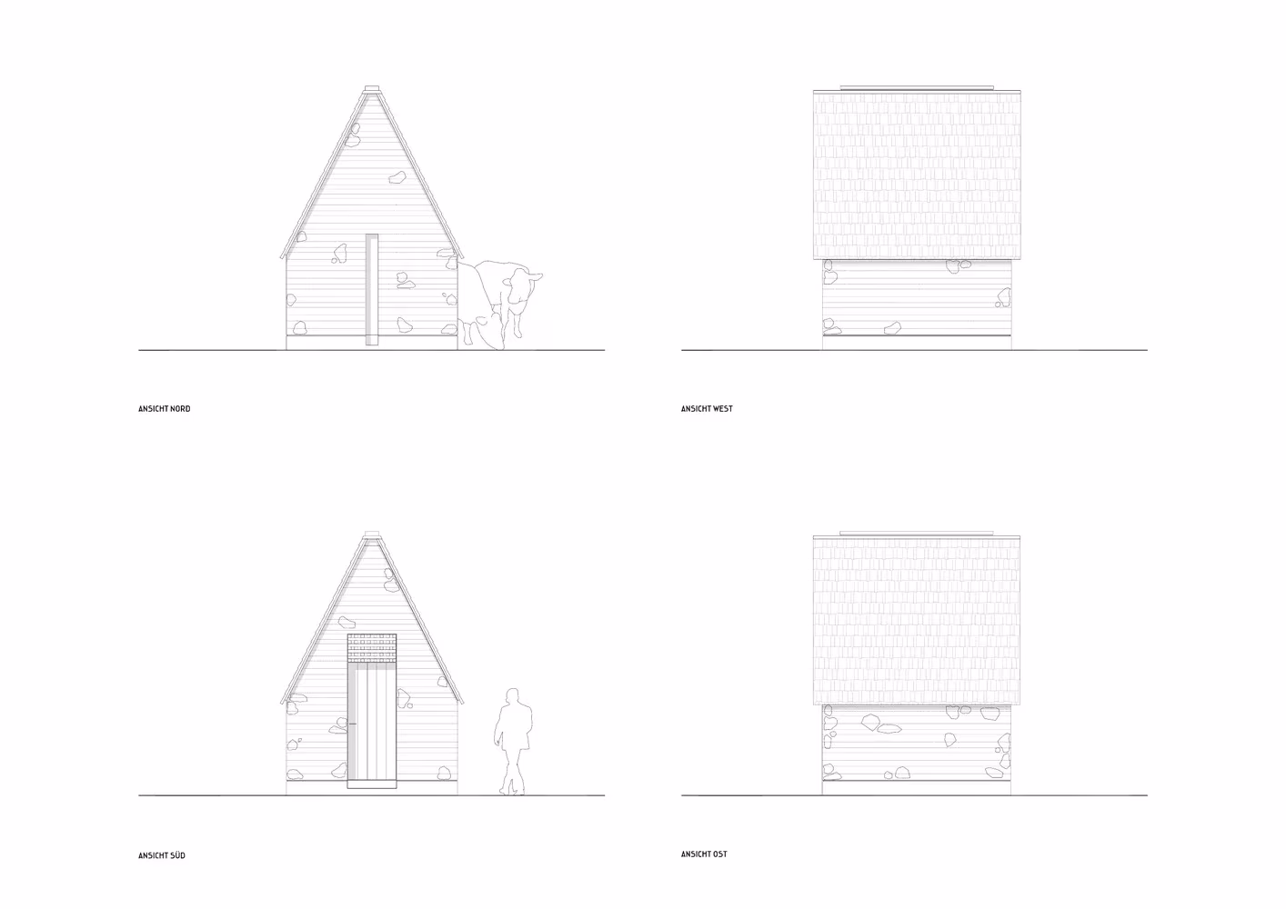 Alzados de la capilla de Wirmboden de Innauer-Matt Architekten, con sus fachadas de hastial y laterales