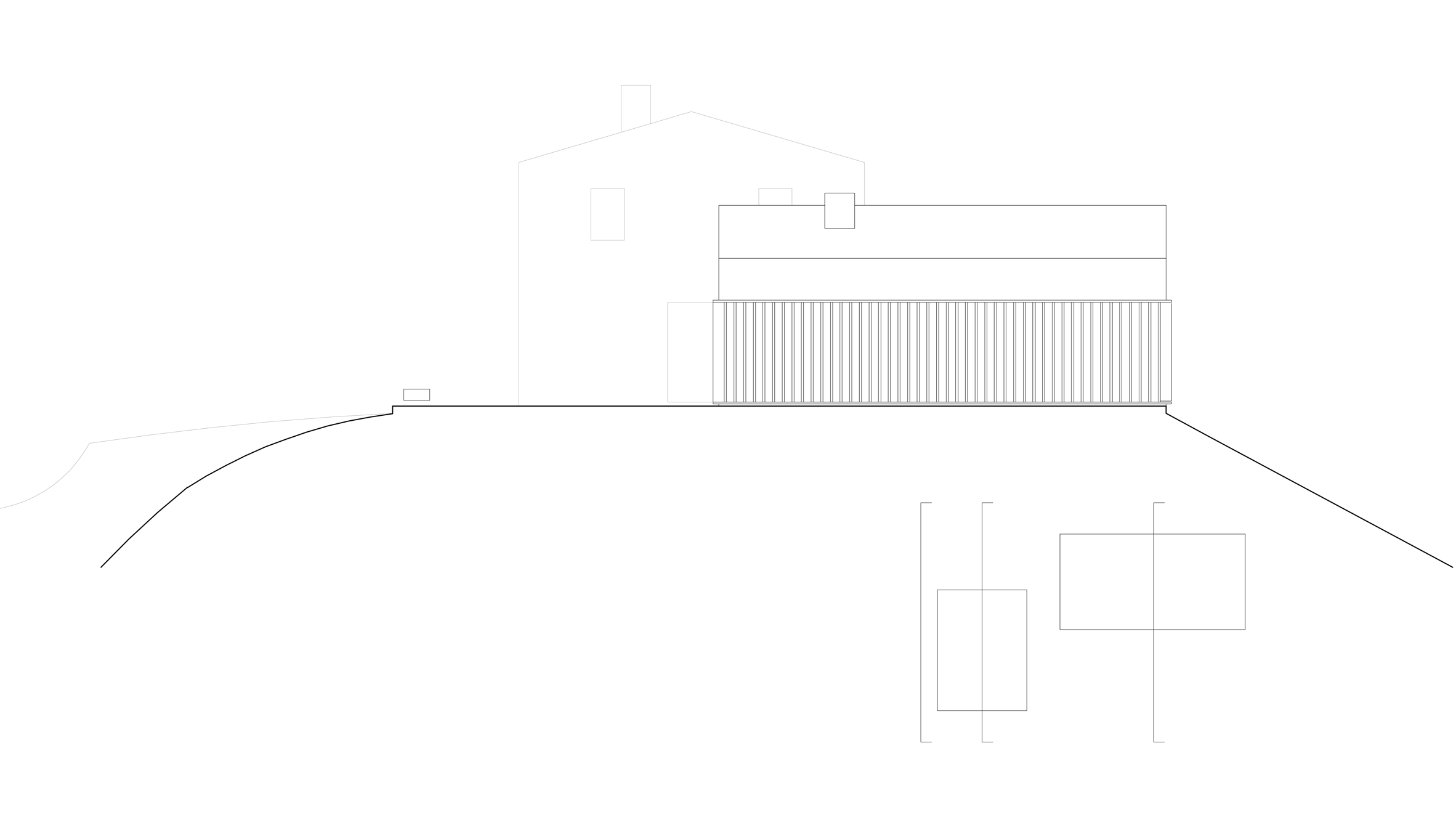 Alzado de la AP House de GGA Architects con el volumen de lamas verticales bajo el edificio histórico en la ladera