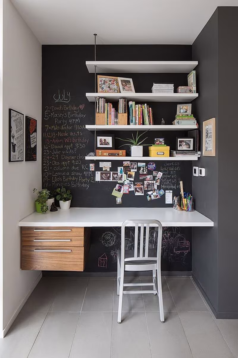 Rincón de trabajo con escritorio volado, estantes y pared de pizarra oscura con notas