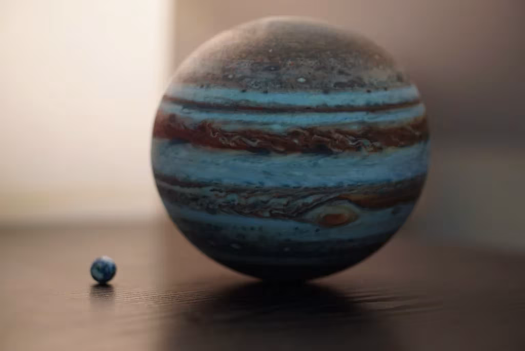 Réplica de Júpiter impresa en 3D por Little Planet Factory con bandas azules y marrones junto a una diminuta esfera