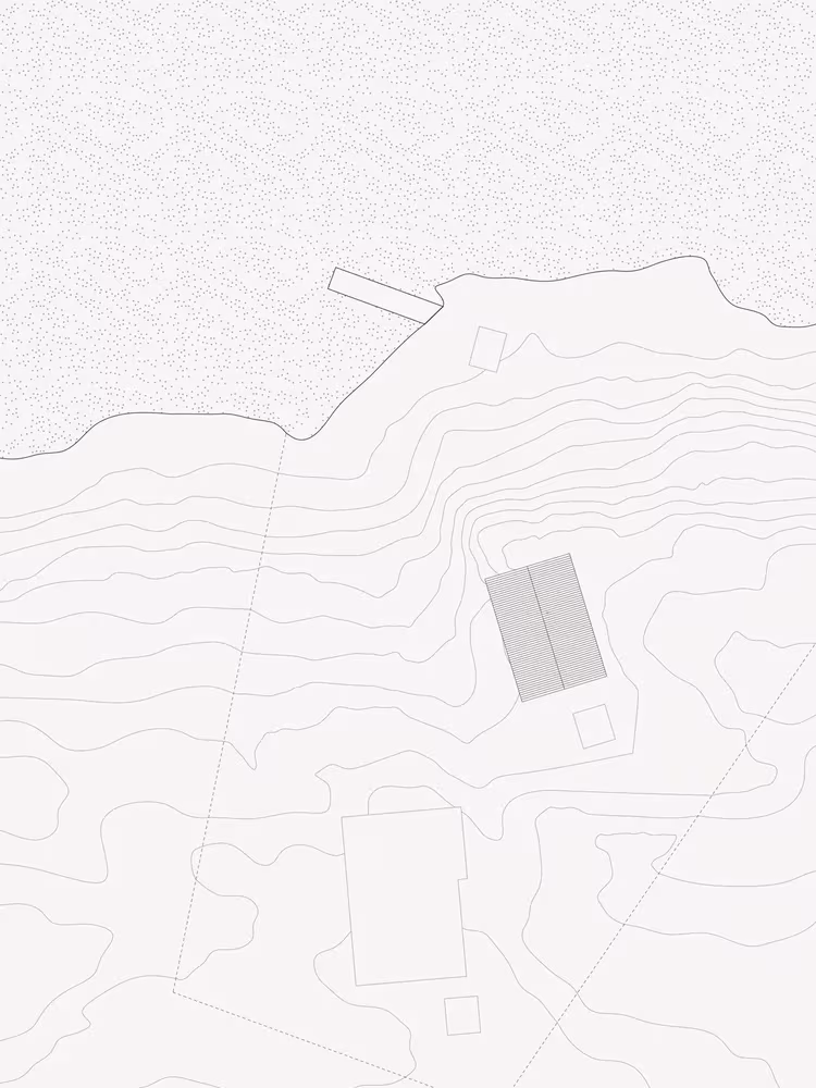 Plano de emplazamiento de la cabaña de Viggsö de Arrhov Frick con curvas de nivel sobre el terreno rocoso