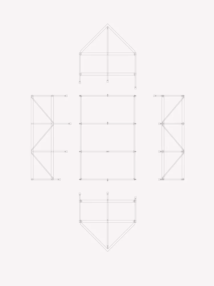 Esquema de la estructura de madera de la cabaña de Viggsö desplegada en alzados y planta, Arrhov Frick