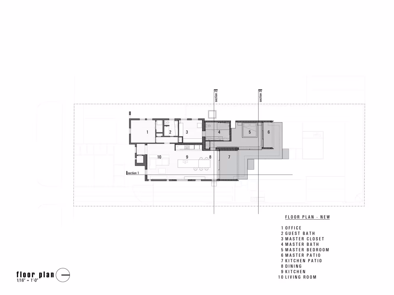 Planta nueva de la Renovación Escobar de Chen + Suchart con despacho, dormitorios, patio, cocina y salón