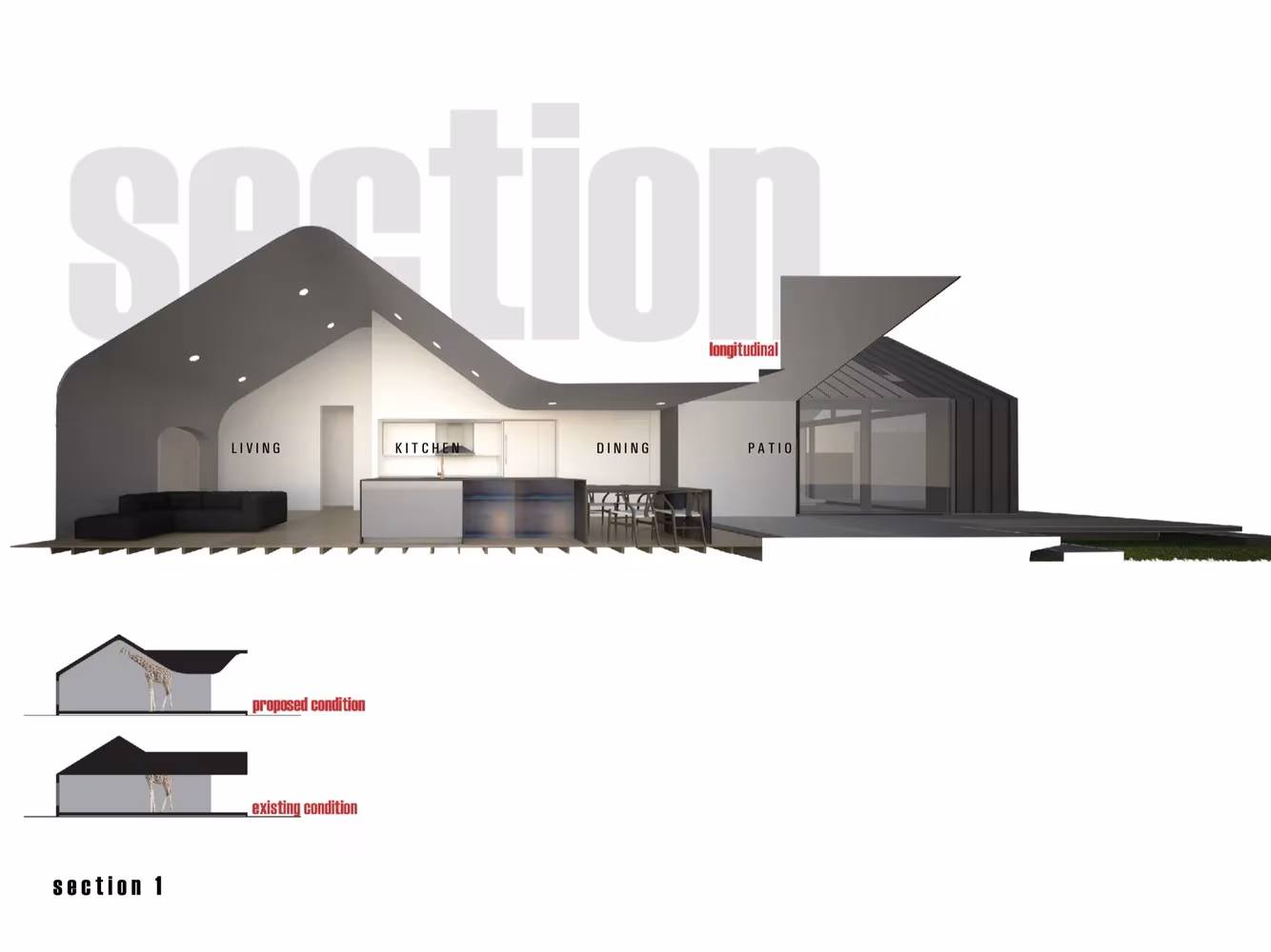 Sección norte-sur de la Renovación Escobar de Chen + Suchart con salón, comedor y patio, y estado previo y propuesto