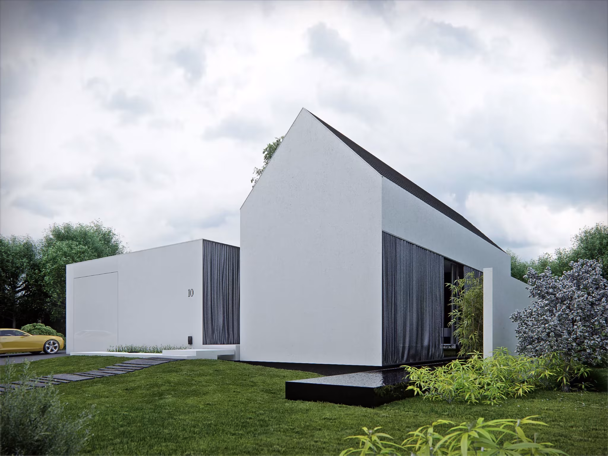 Infografía de la Surprise-house de KMA con cuerpo de garaje y volumen principal blanco en Wroclaw