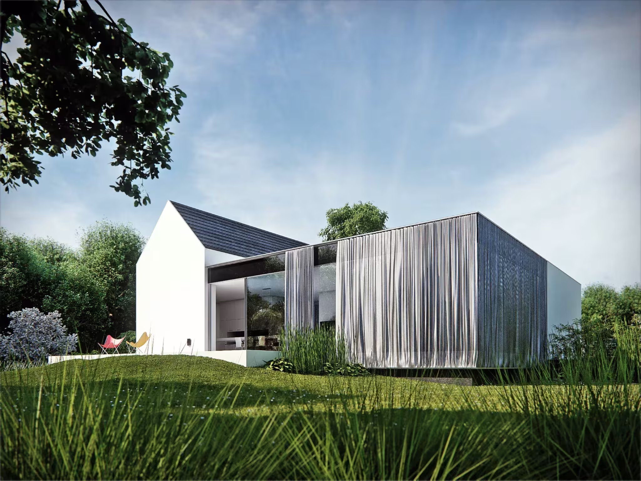 Infografía de la Surprise-house de KMA con volumen blanco, lamas de madera y vidrio entre la vegetación del jardín