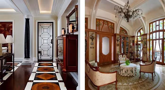 Comparativa entre un pasillo Art Déco de suelo geométrico y un salón Art Nouveau de maderas curvas