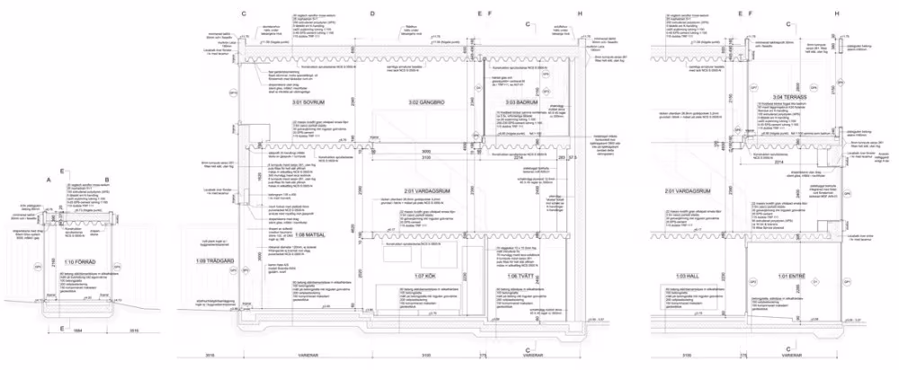 Detalle constructivo de la Townhouse de Elding Oscarson con secciones y cotas de la estructura y los cerramientos