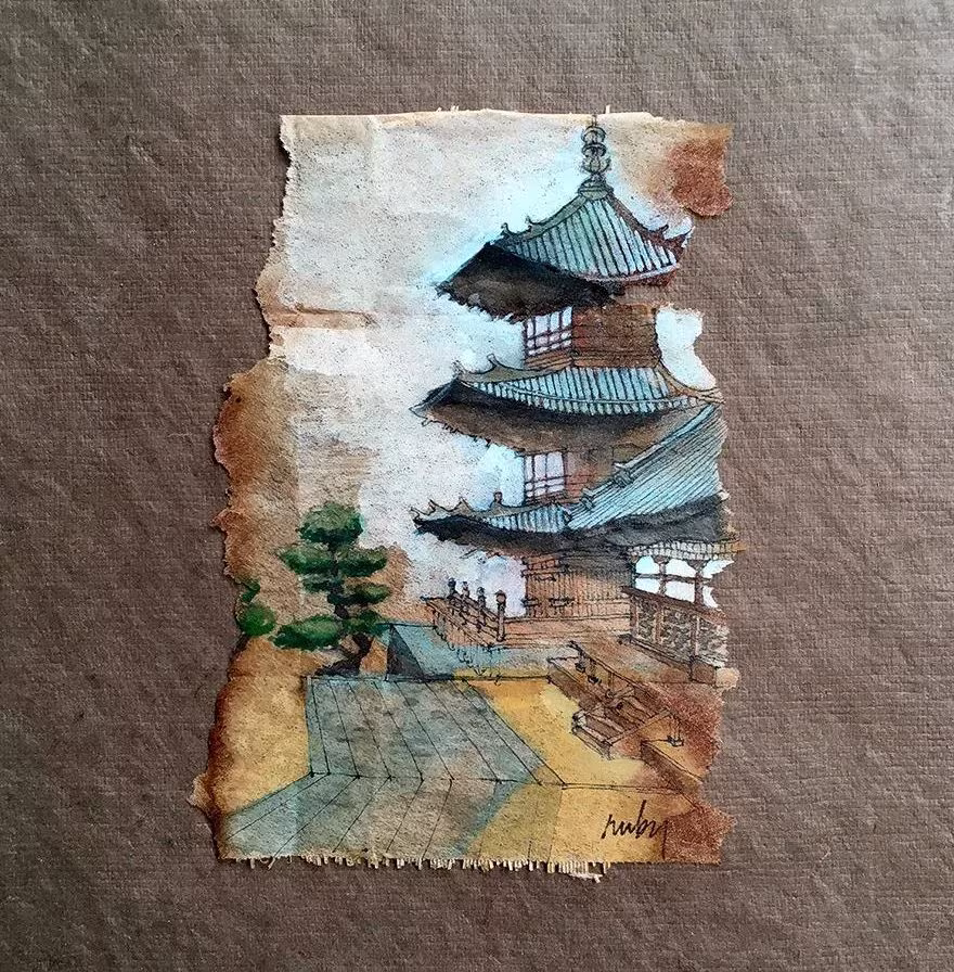 Pagoda pintada con acuarela sobre una bolsita de té usada, obra de Ruby Silvious en «363 Days of Tea»
