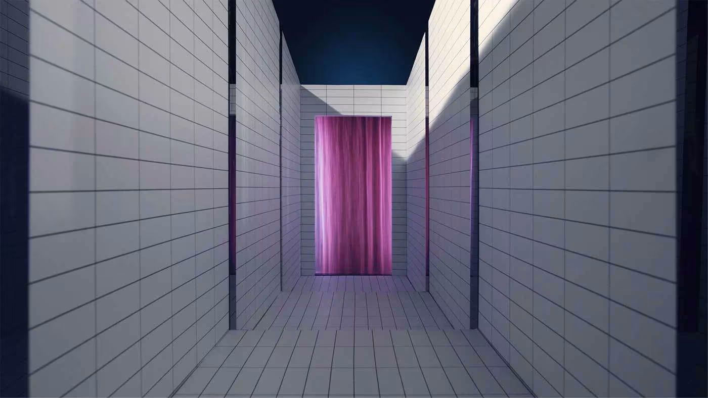 Pasillo de azulejos grises con cortina rosa al fondo en el cortometraje Club Palace de Caravane