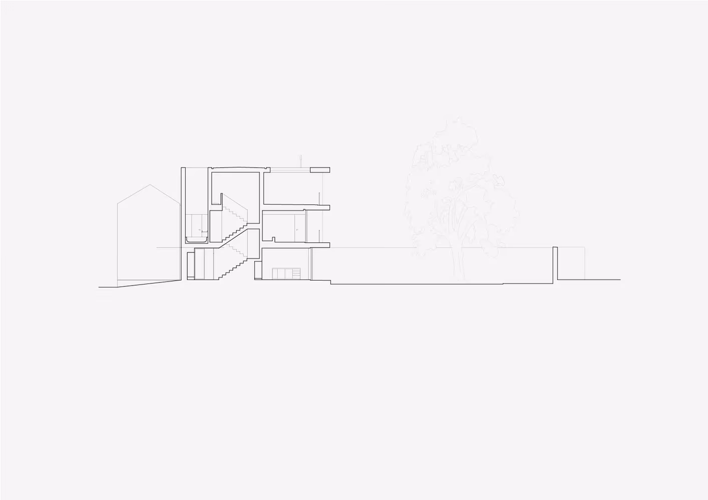 Corte BB de la Casa Brotero de phdd arquitectos con el volumen de tres plantas y el jardín trasero