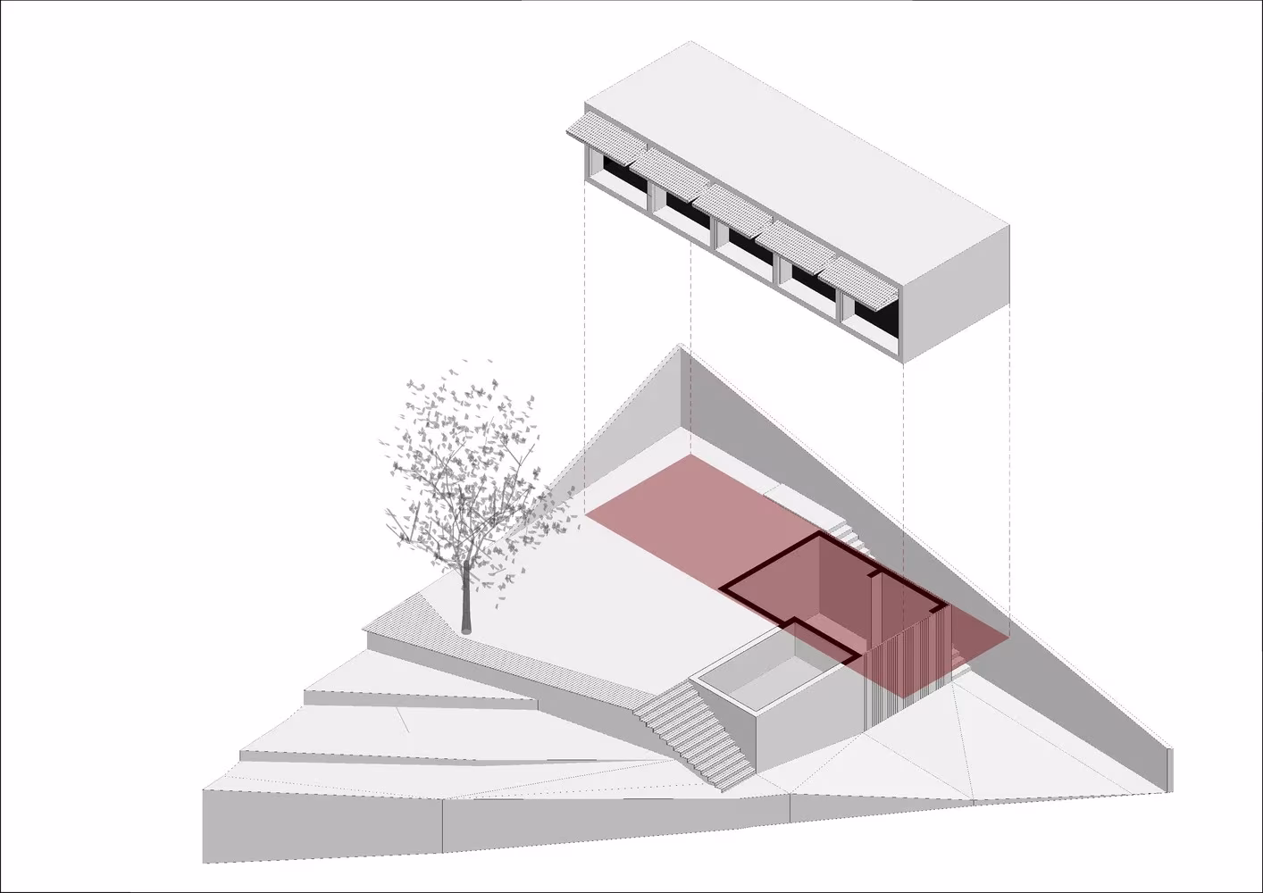 Axonometría de la Casa Retina de Arnau con el volumen superior separado y el patio en rojo sobre la ladera