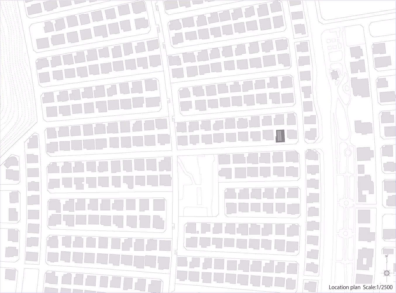 Plano de situación de la casa de Tomohiro Hata en la trama de viviendas residenciales de Otsu