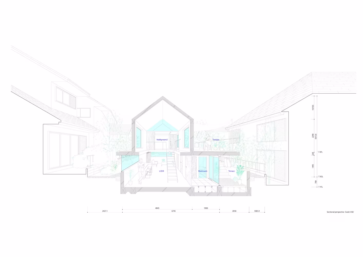Sección en perspectiva de la casa de Tomohiro Hata con el volumen a dos aguas rodeado de patios y terrazas