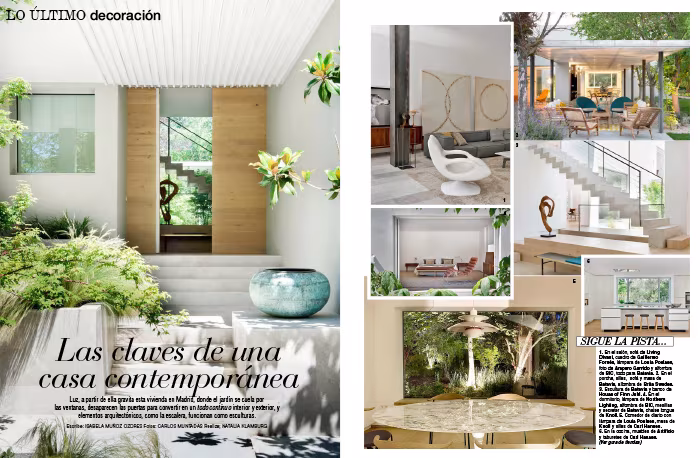 Doble página de Telva con las claves de una casa contemporánea, un patio con vegetación y la escalera de ÁBATON