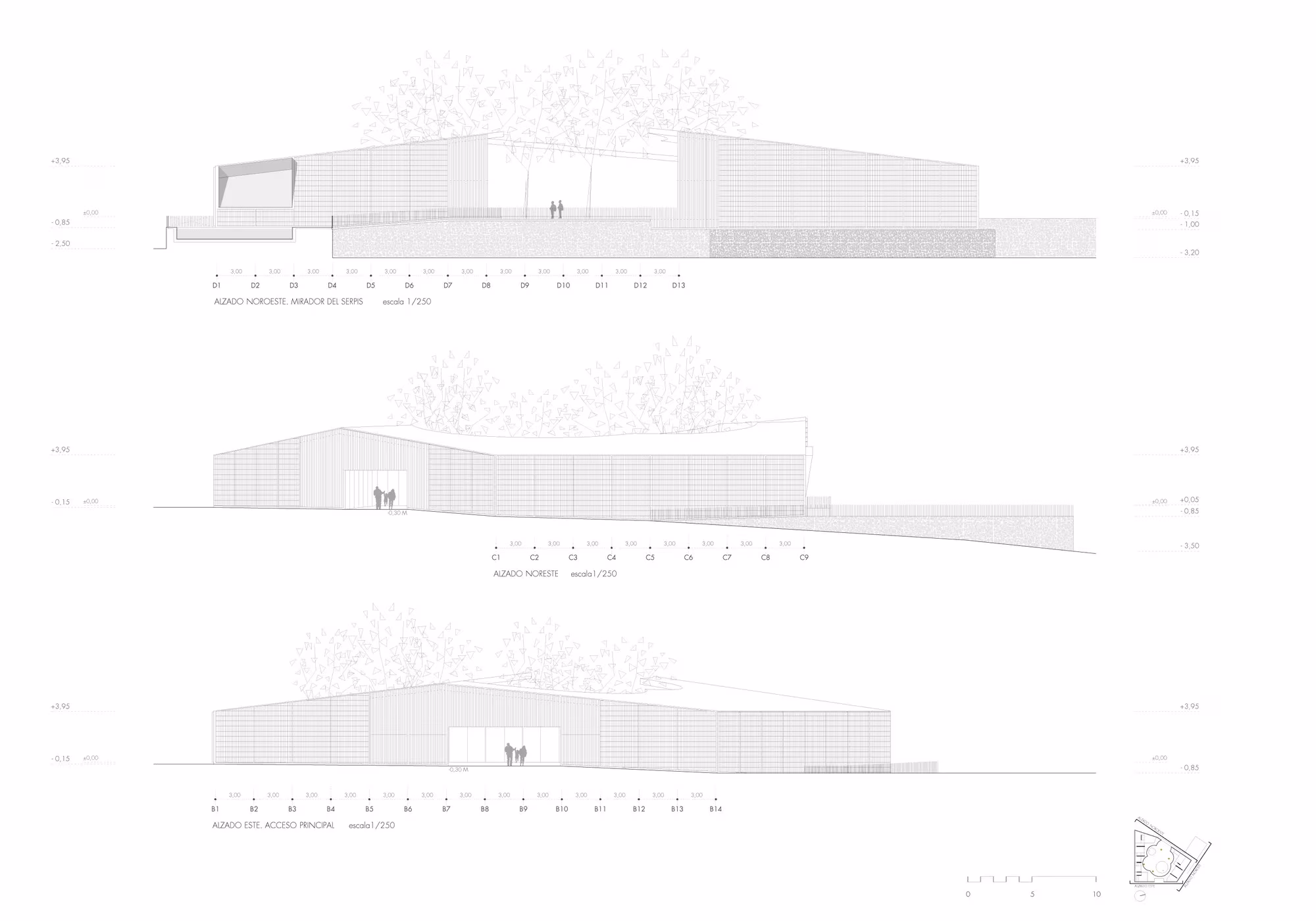 Alzados de la Universidad Popular Infantil de Gandía con la cubierta ondulada, de Paredes Pedrosa Arquitectos