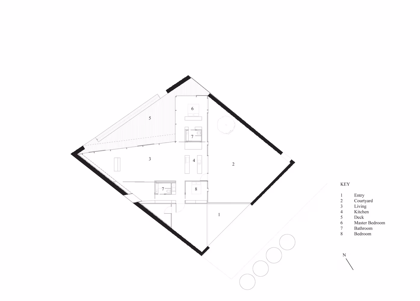 Planta de D'Entrecasteaux House, de Room11, con un volumen girado y las estancias numeradas