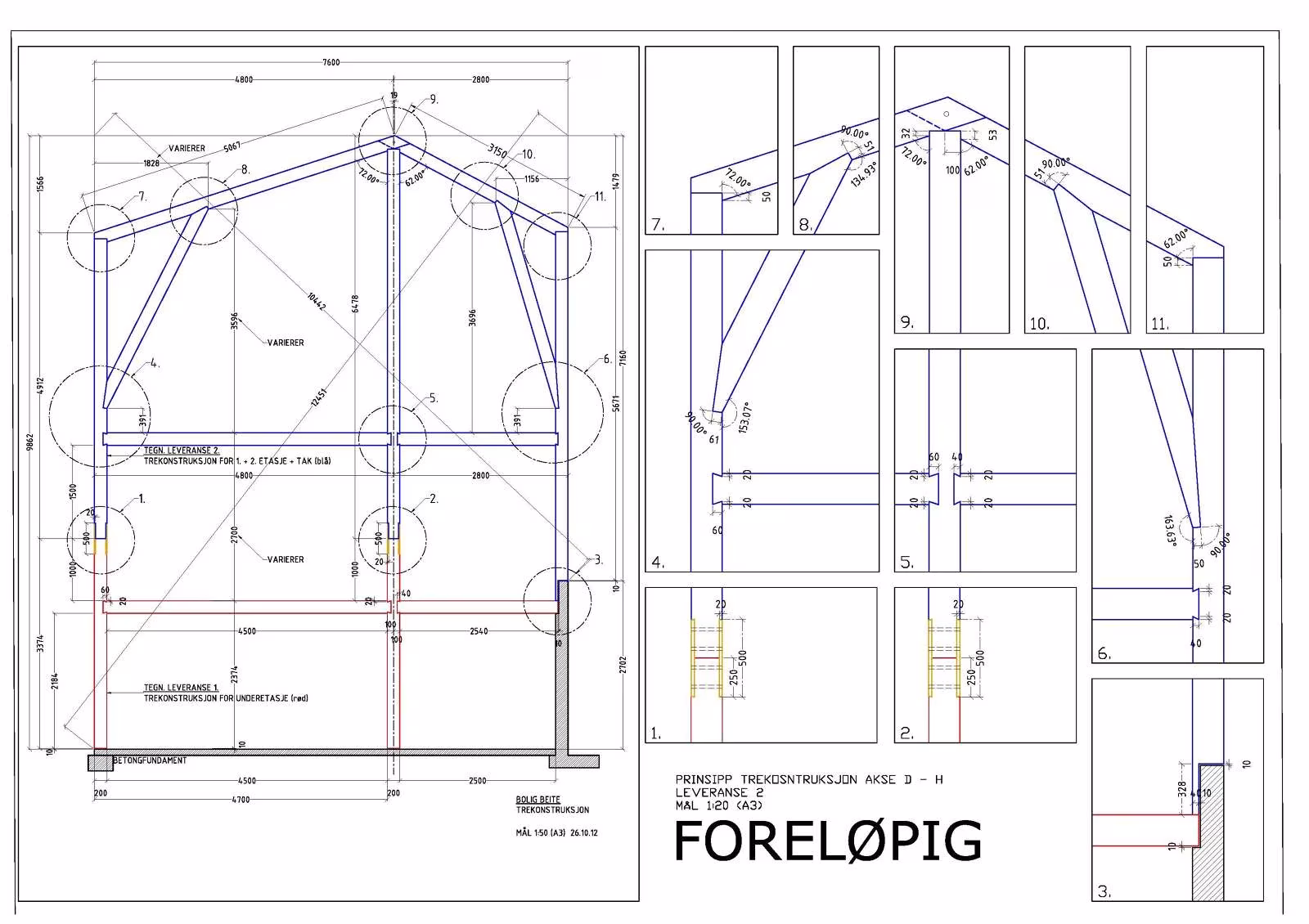 Dibujo preliminar con el detalle constructivo de la estructura de madera de la Villa Gudbrand, de Jensen & Skodvin