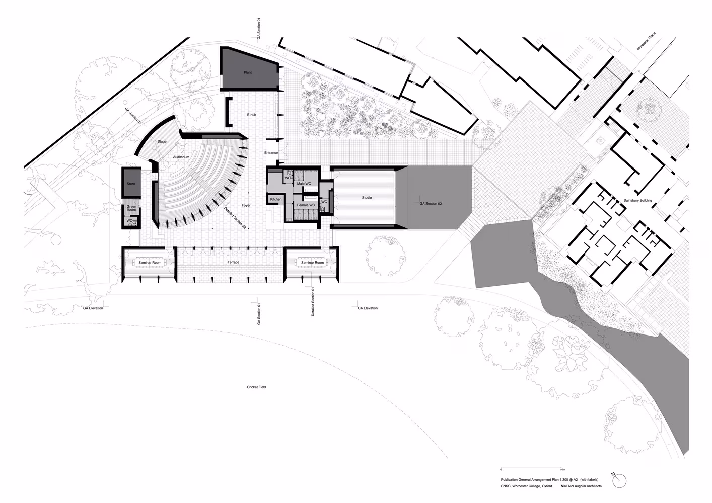 Planta del auditorio de Worcester College con su graderío en abanico, de Níall McLaughlin Architects