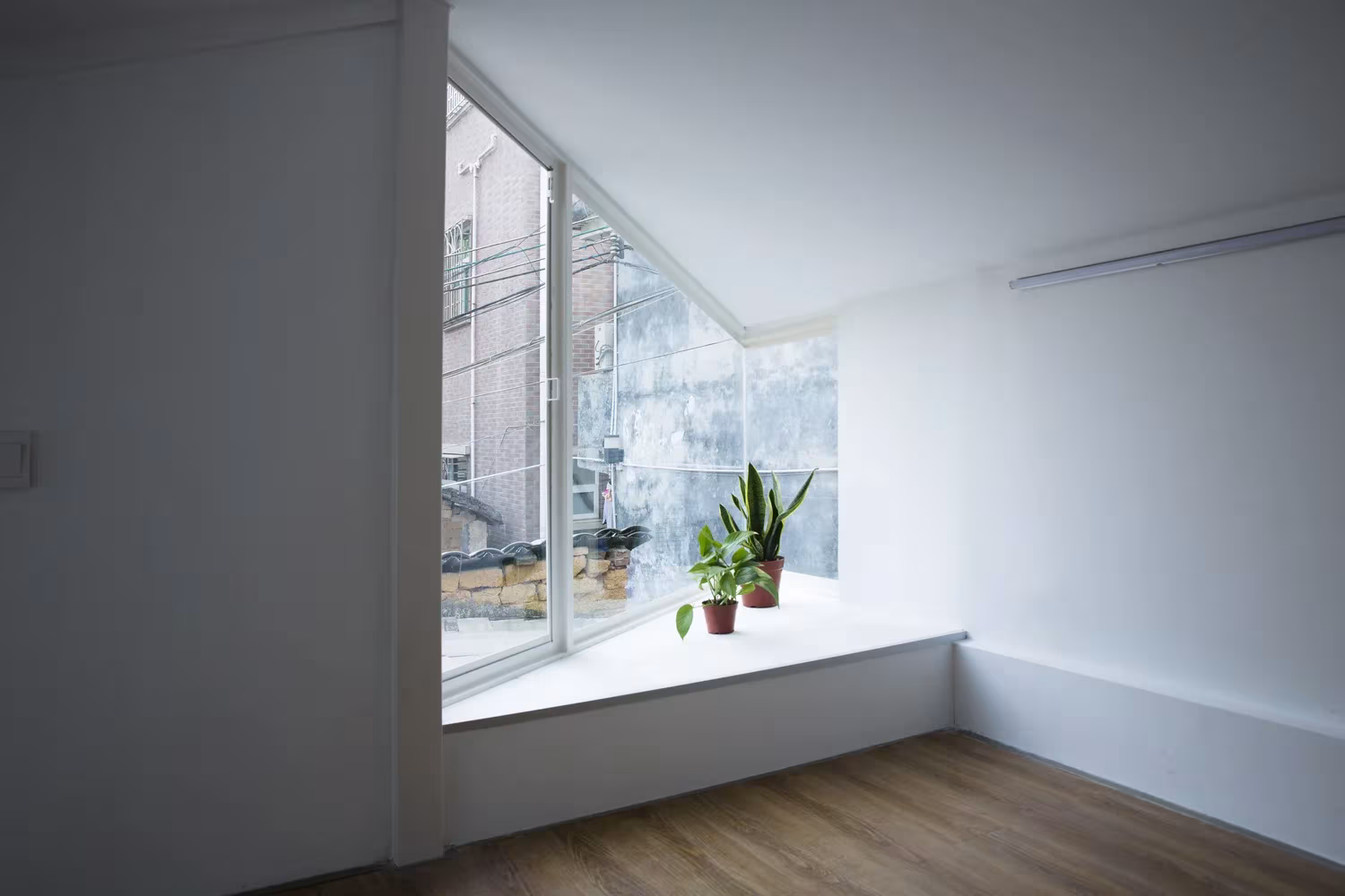 Estancia blanca con ventana inclinada sobre una repisa con plantas en la Plugin House de PAO