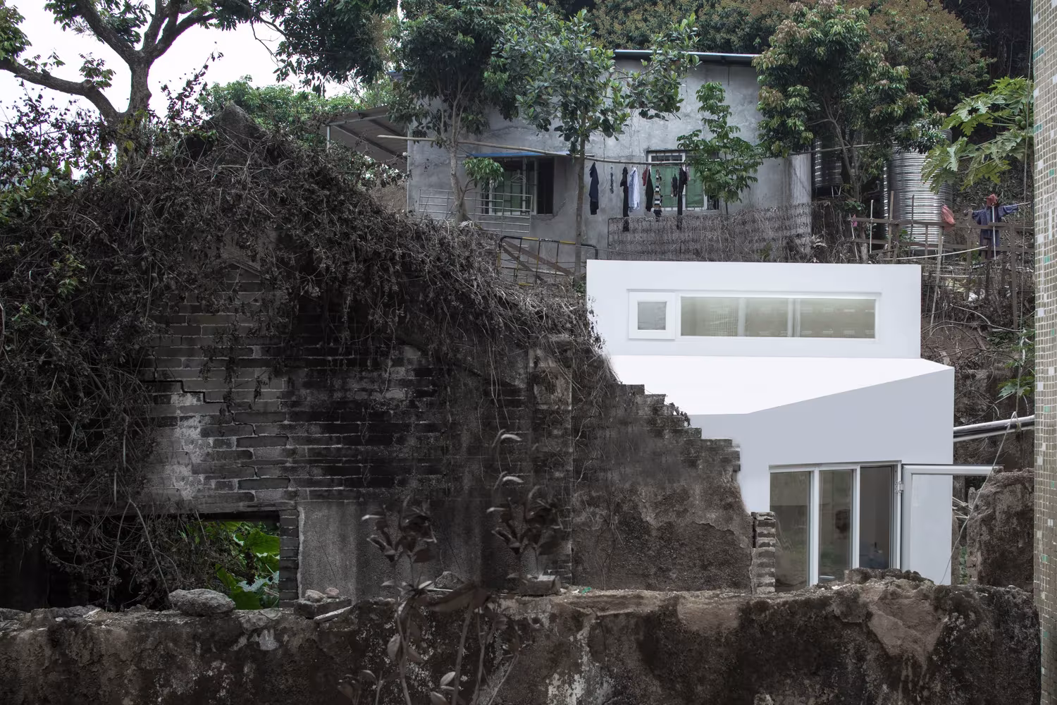 Plugin House blanca entre muros en ruina cubiertos de vegetación en Shangwei, de PAO