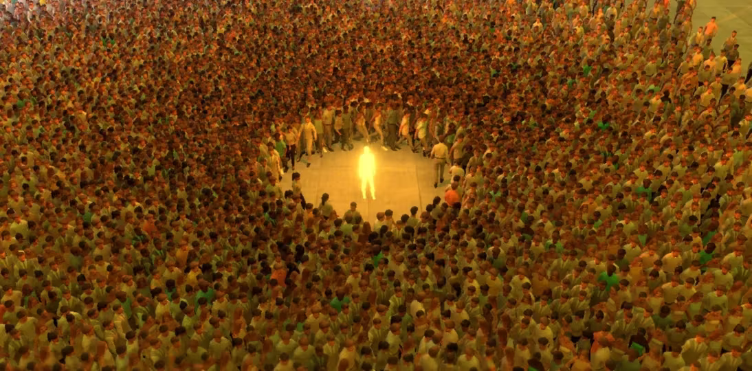 personaje amarillo brillante rodeado de un sinfín de personas anónimas