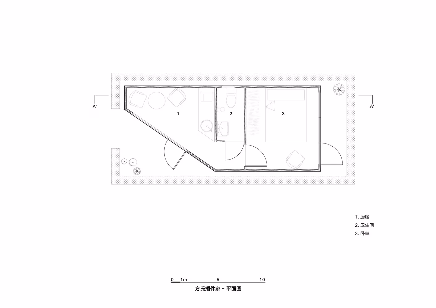 Plano de planta baja de la Plugin House de PAO con un tabique en diagonal