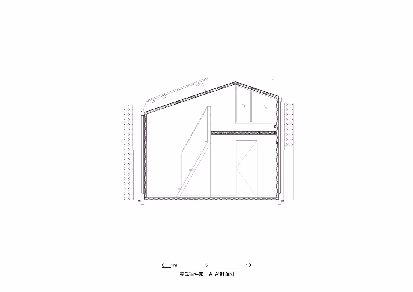 Sección transversal de la Plugin House de PAO con altillo bajo cubierta a dos aguas en Shangwei