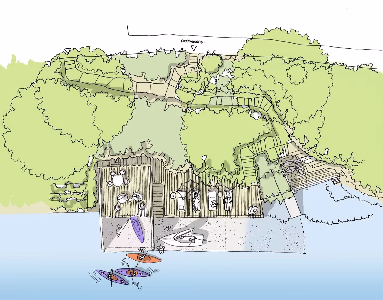 Planta en color del Berberis Boathouse con kayaks y zonas de estancia junto al río Yealm, Devon