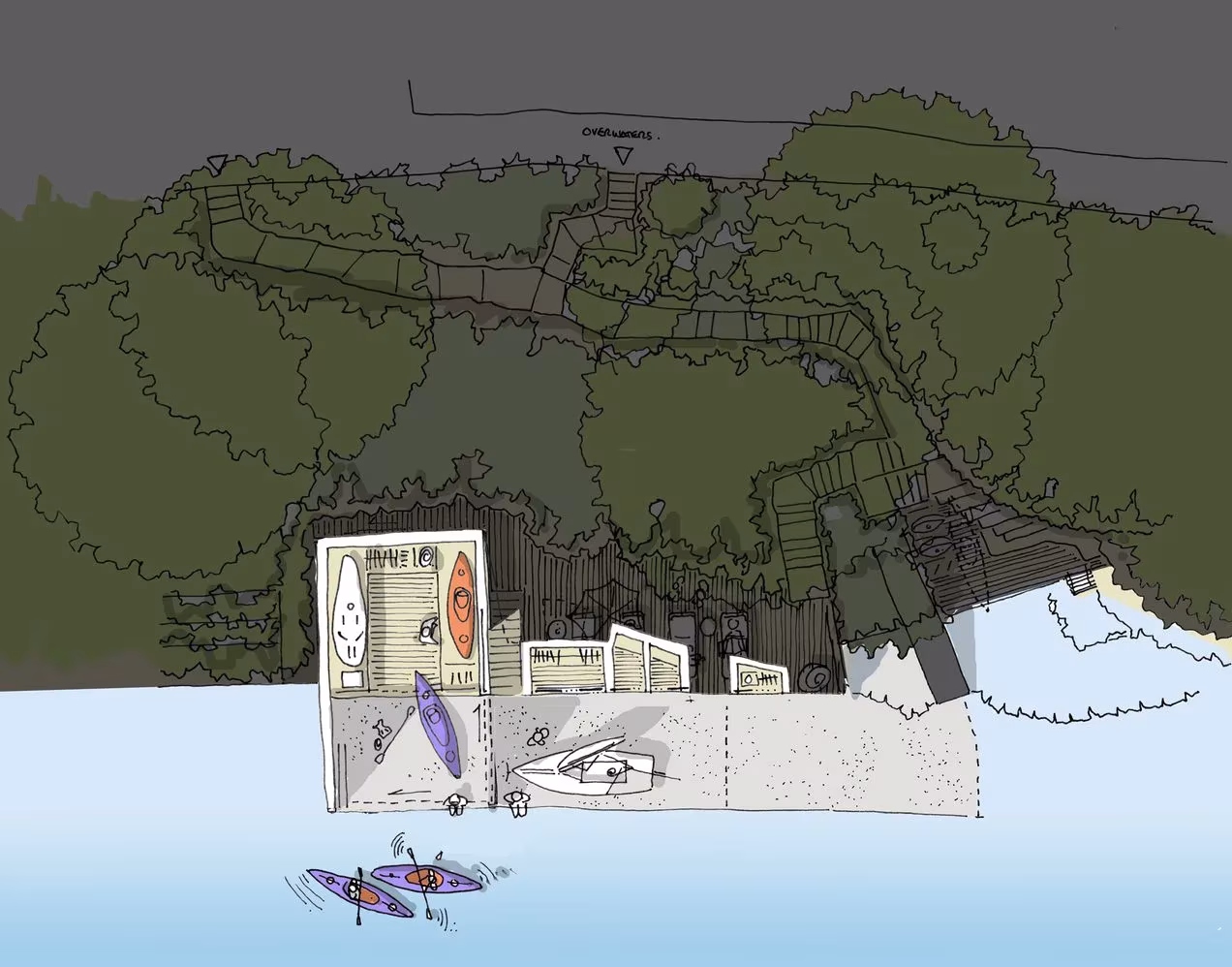Planta del Berberis Boathouse con fondo oscuro que muestra las distintas funciones del cobertizo