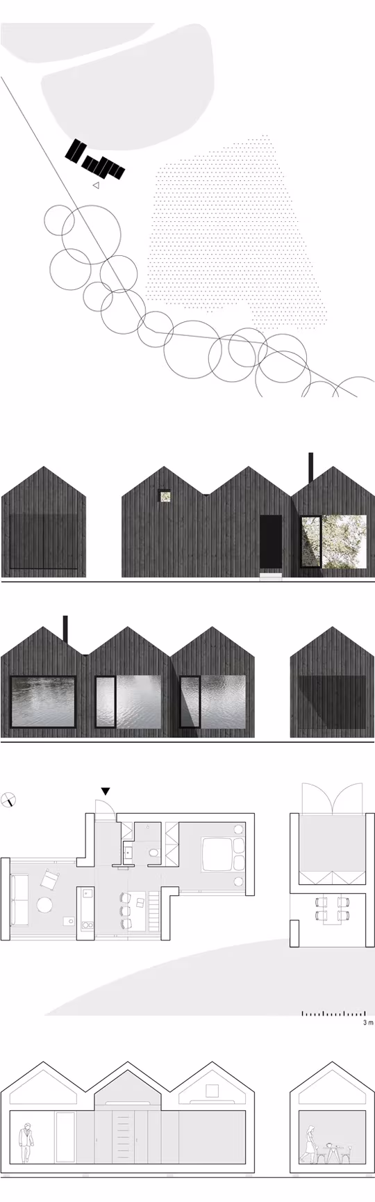 Plantas, alzados y emplazamiento de las cuatro cabañas de pescadores de Atelier 111 Architekti en el humedal checo