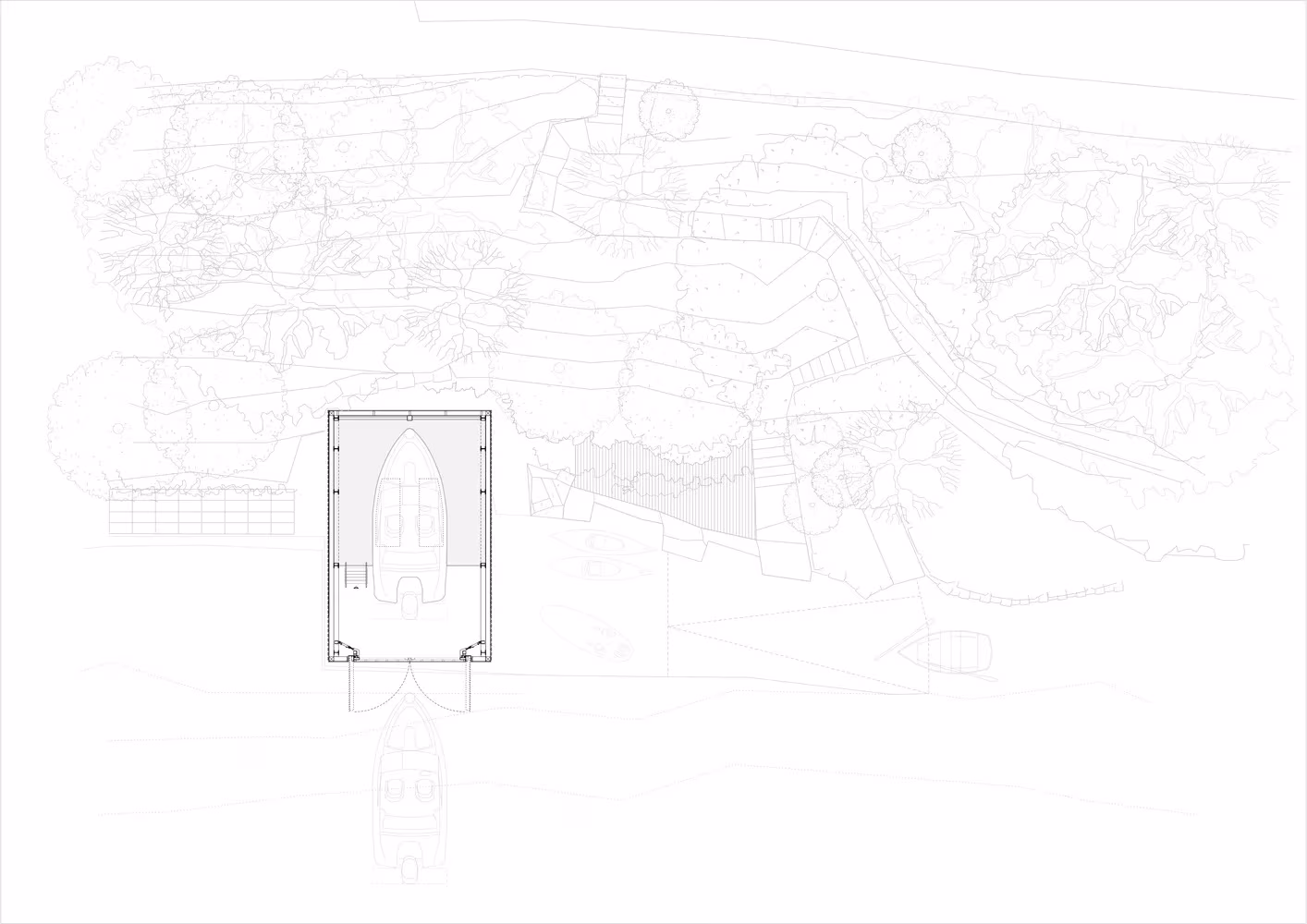 Plano de emplazamiento del Berberis Boathouse con la planta de la plataforma elevadora y el embarcadero
