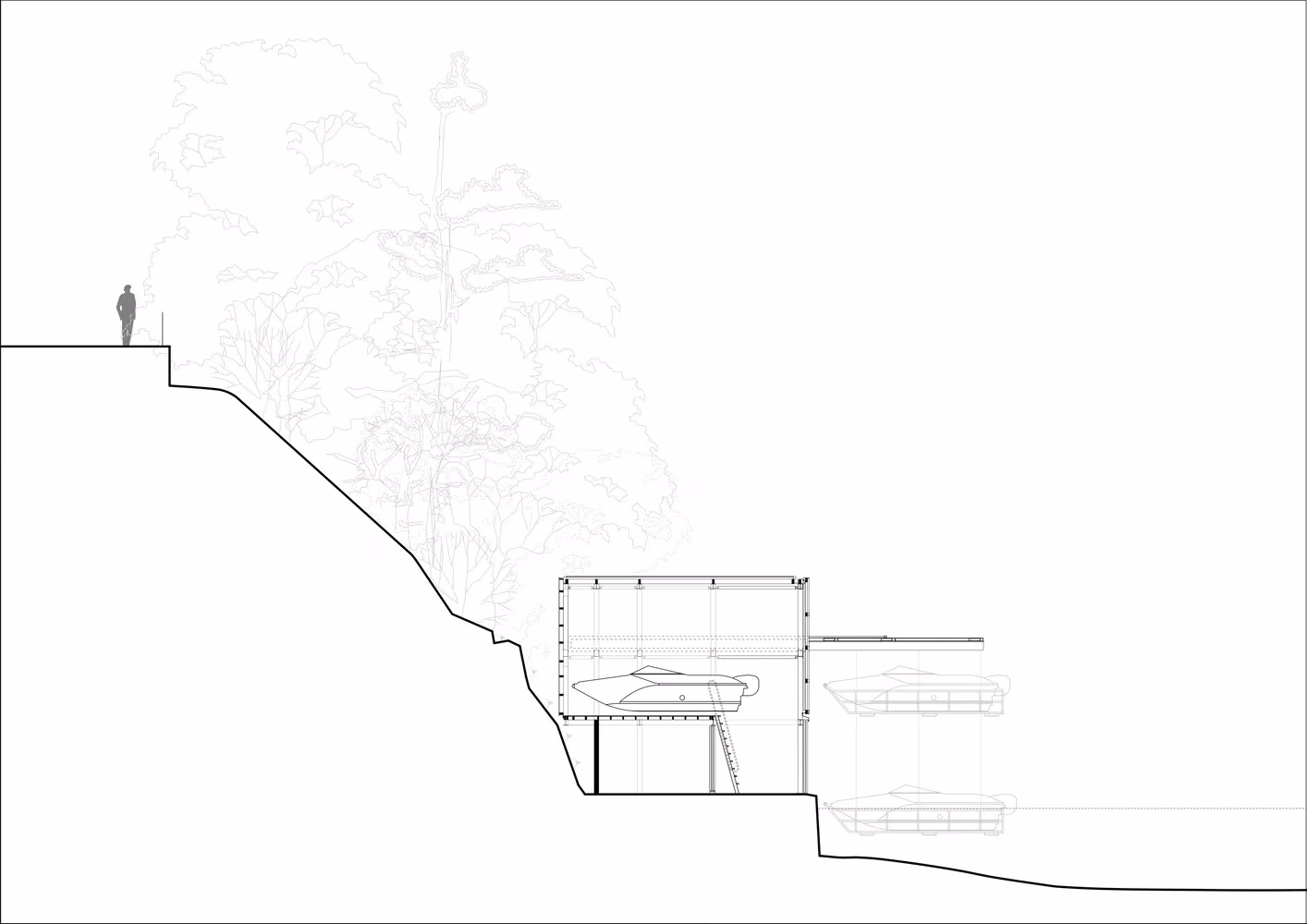 Sección longitudinal del Berberis Boathouse sobre la ladera, entre el sendero y la línea del río Yealm