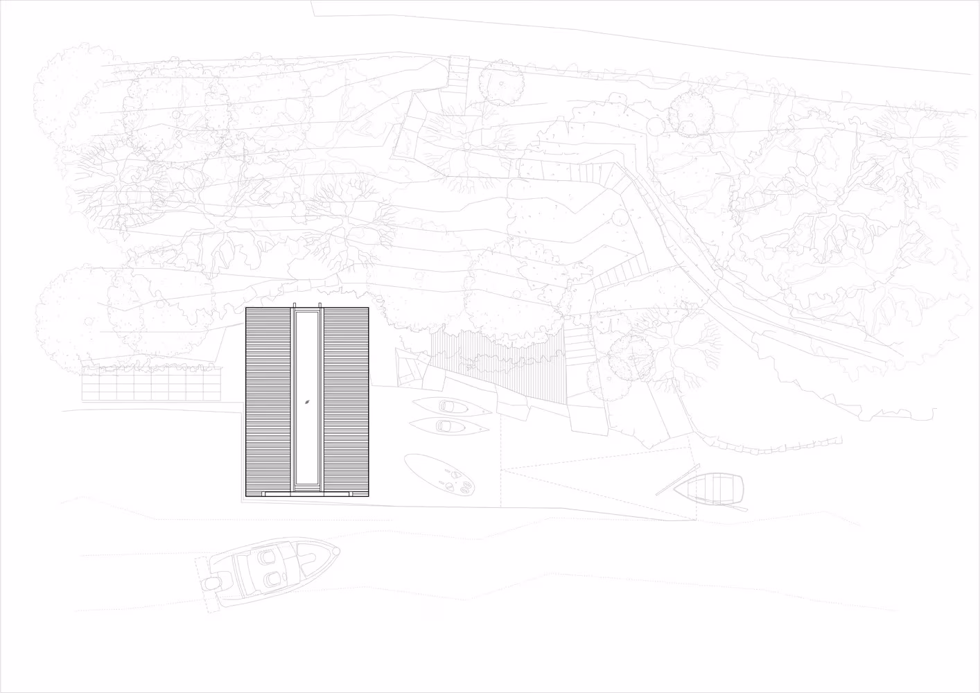 Plano de emplazamiento del Berberis Boathouse con la planta del cobertizo sobre el río Yealm