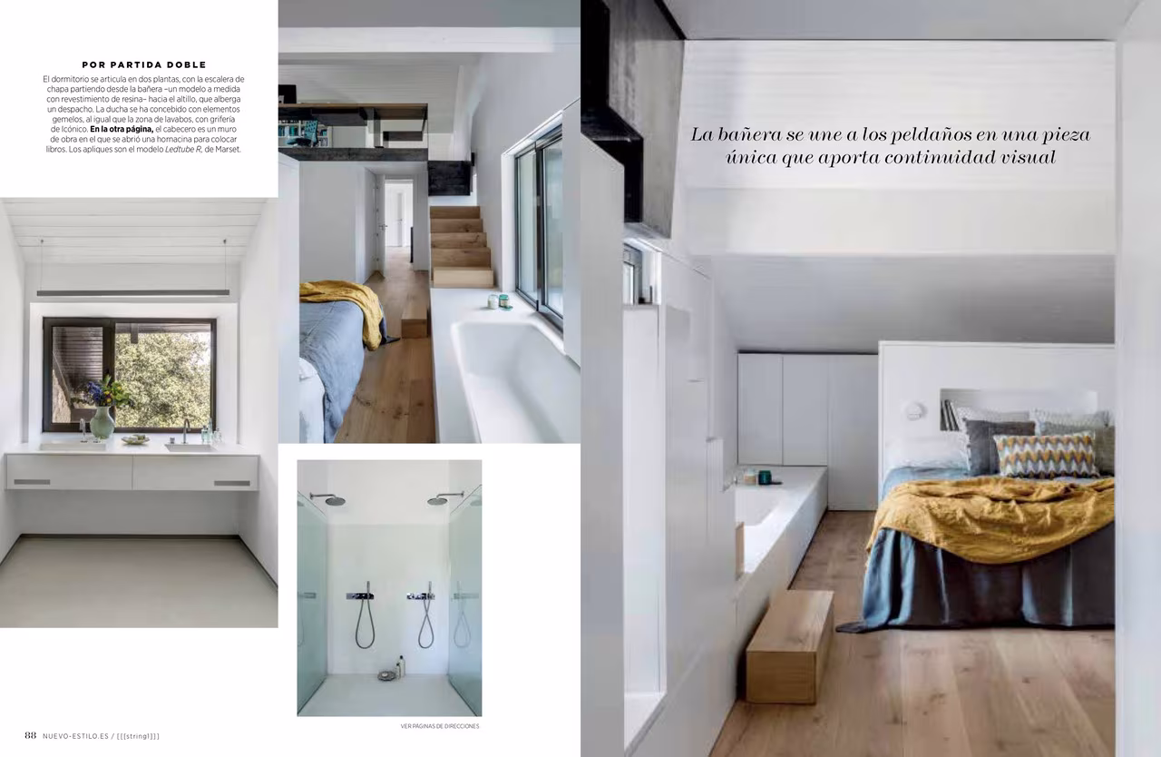 Baño y dormitorio blancos con detalles en madera en las páginas de Campo Libre de Nuevo Estilo