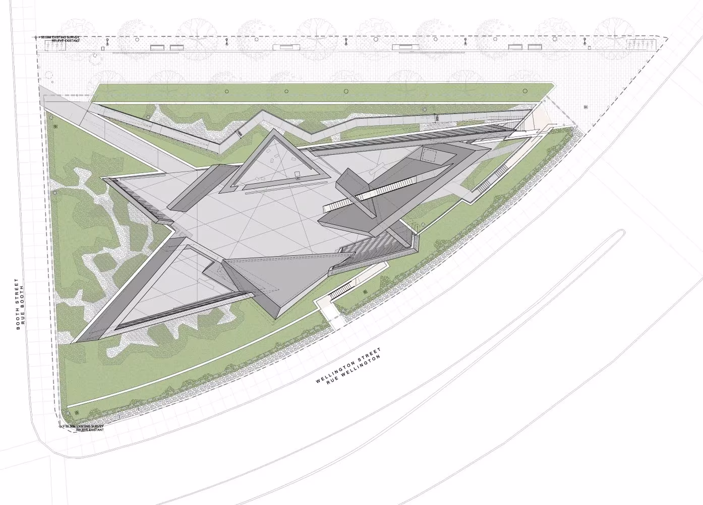 Plano de situación del Monumento del Holocausto de Studio Libeskind con su planta triangular en Ottawa