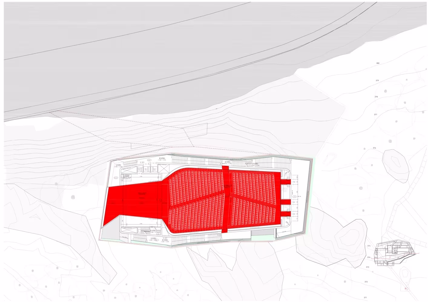 Planta de la sala principal del Palacio de Congresos de Plasencia con el graderío resaltado en rojo