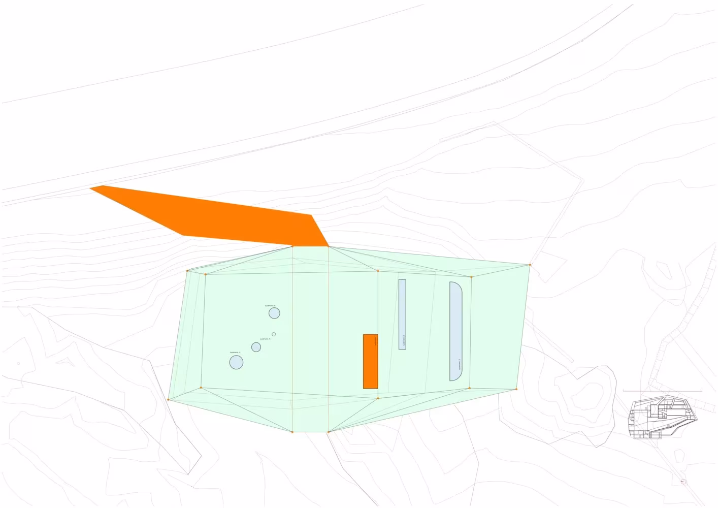 Planta de cubiertas del Palacio de Congresos de Plasencia con la pasarela voladiza de acceso en naranja