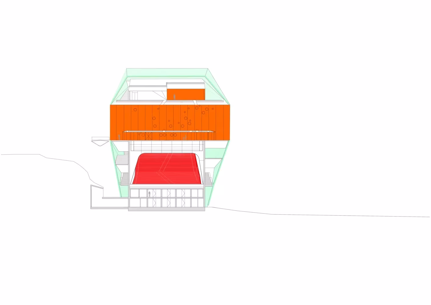 Sección transversal por el escenario y el patio de butacas del Palacio de Congresos de Plasencia