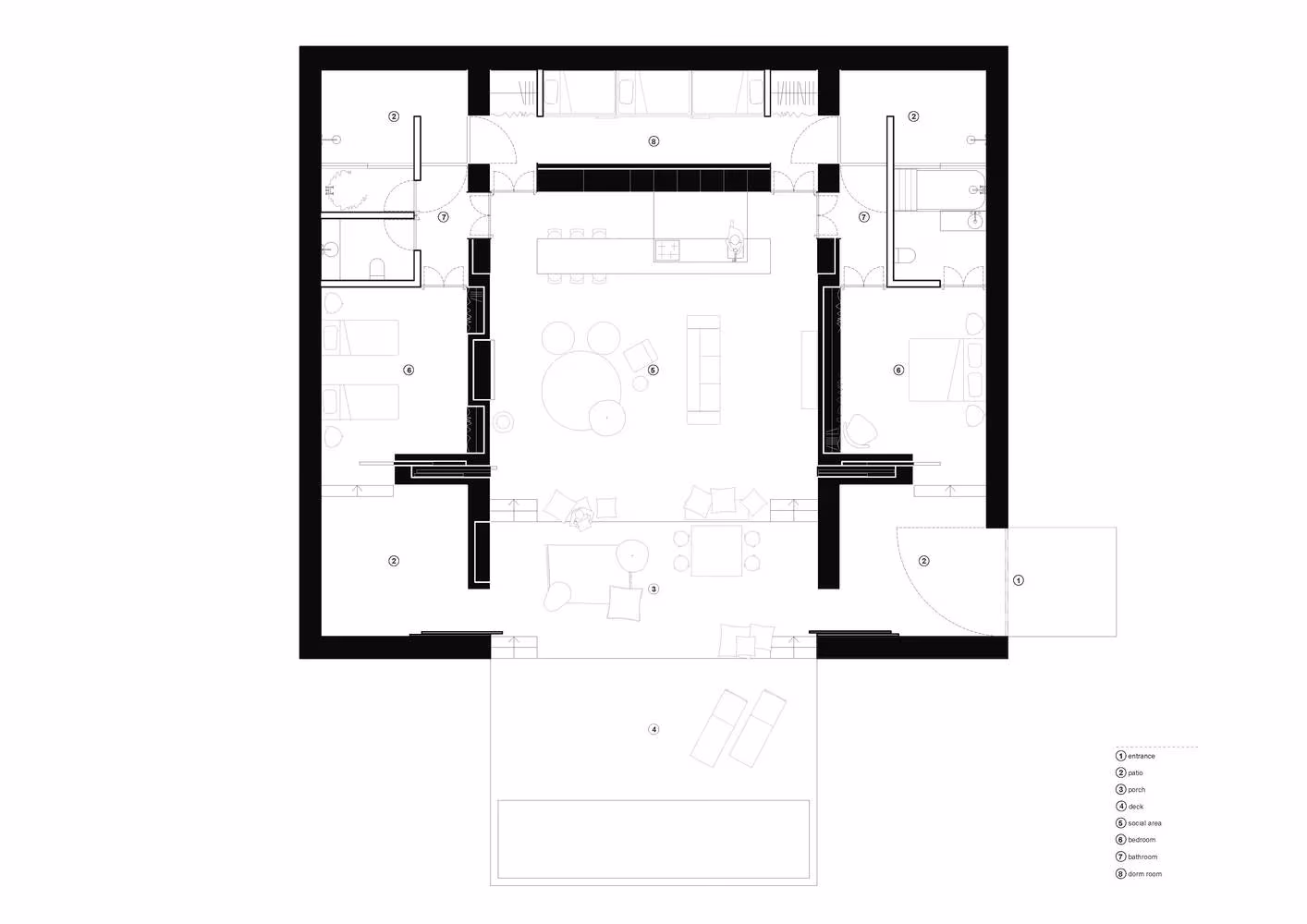 Planta de la Casa Cercal de Atelier Data, un cuadrado con cuatro patios interiores y dormitorios a los lados