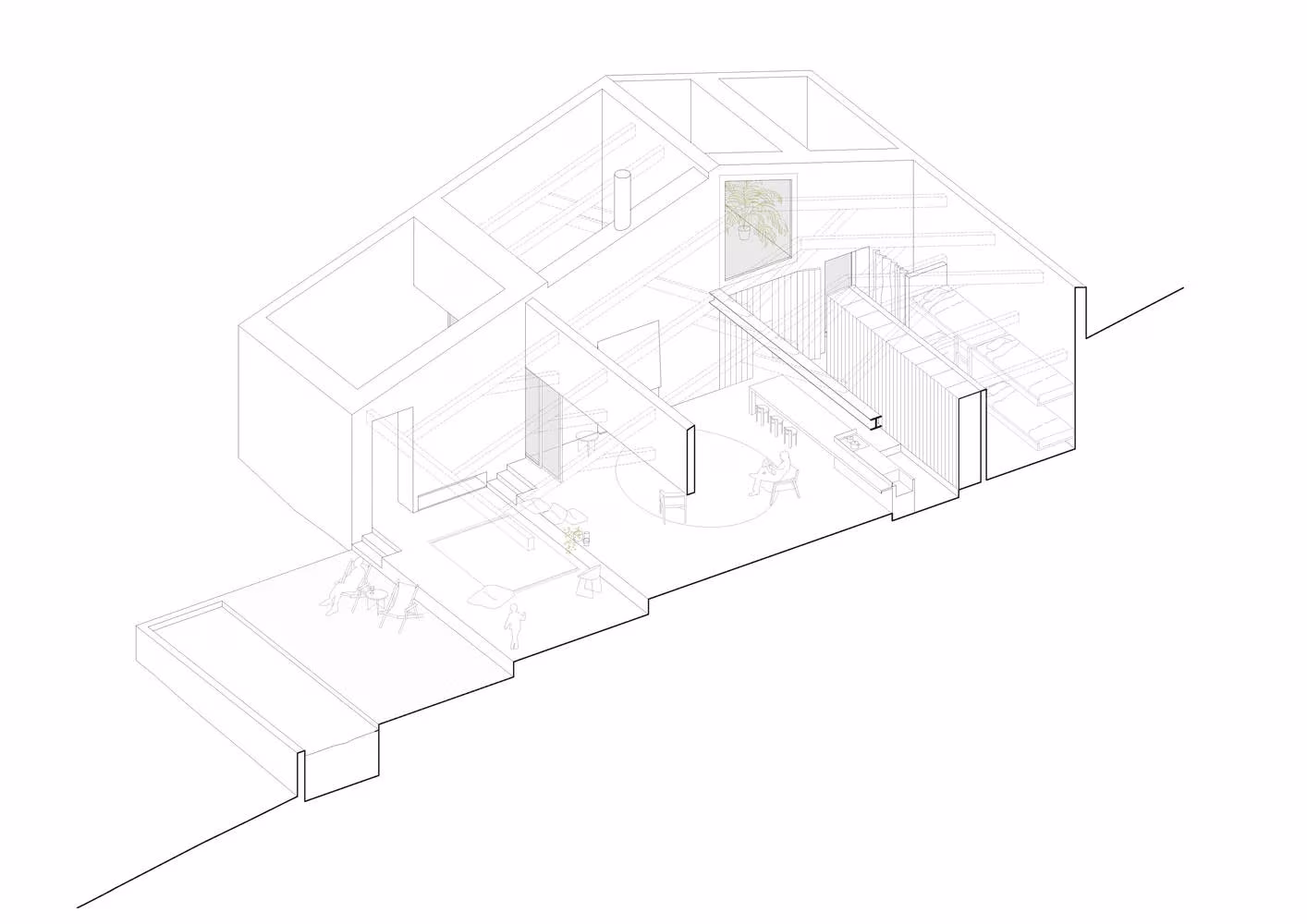 Axonometría de la Casa Cercal de Atelier Data con las estancias organizadas en torno a los patios