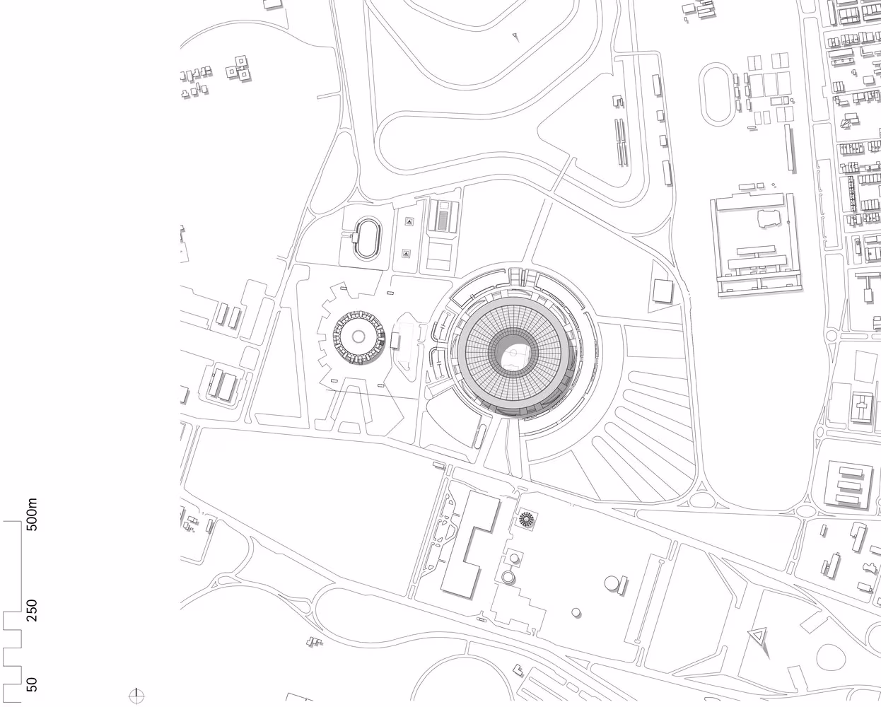 Plano de situación del Estadio Mané Garrincha de Brasilia rodeado de viales y edificios del entorno