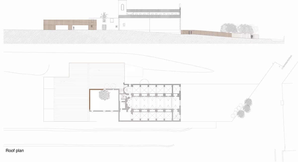 Planta de cubiertas y sección de la rehabilitación de la iglesia de Sant Sadurní de Callús de Puig-Mir