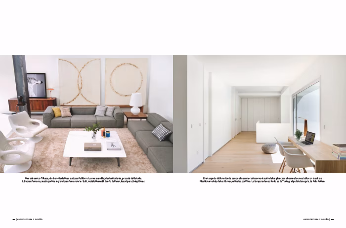 Doble página de Arquitectura y Diseño con un salón de sofá modular y mesa blanca y un despacho de mesa y sillas blancas