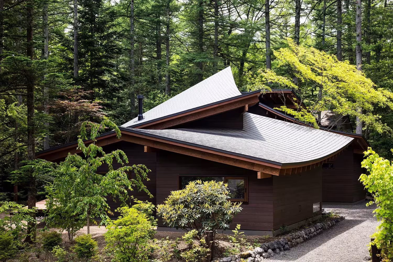 Cubierta alabeada de la Casa en Karuizawa de Kentaro Ishida y Akihito Fujiki entre arces y pinos